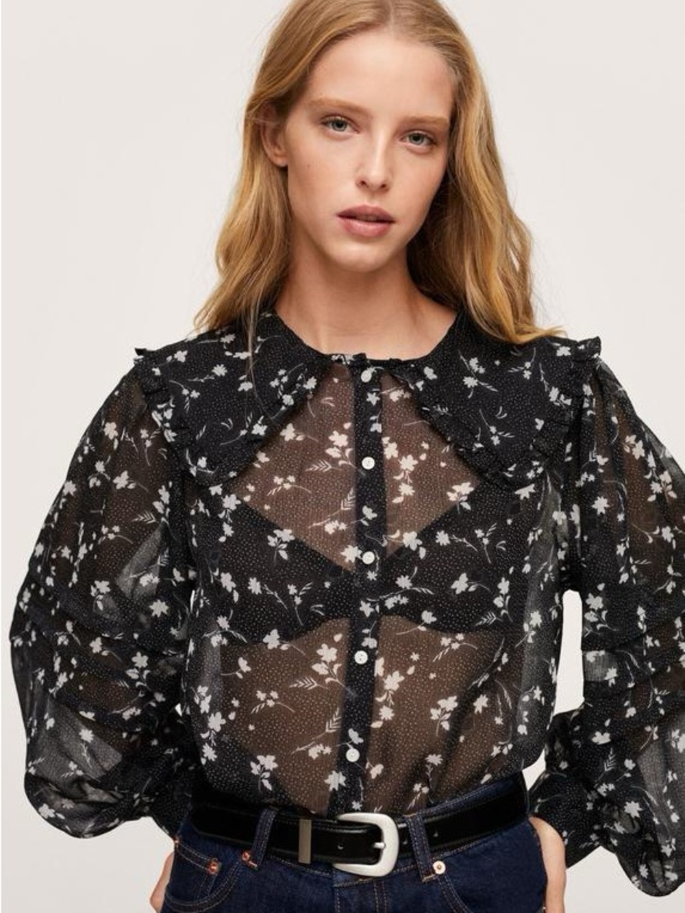 NWT Mango Babydoll Collar Sheer Floral Blouse